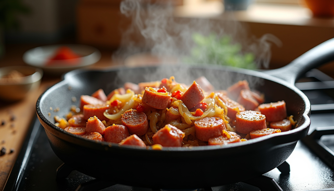Préparation de chair de saucisse piquante dans une poêle avec oignons et épices