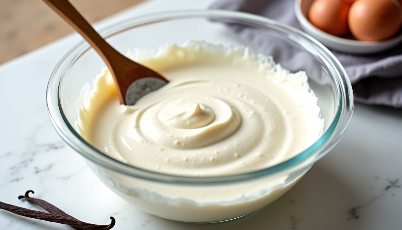 Préparation de la base du McFlurry maison avec crème, mascarpone et vanille dans un saladier