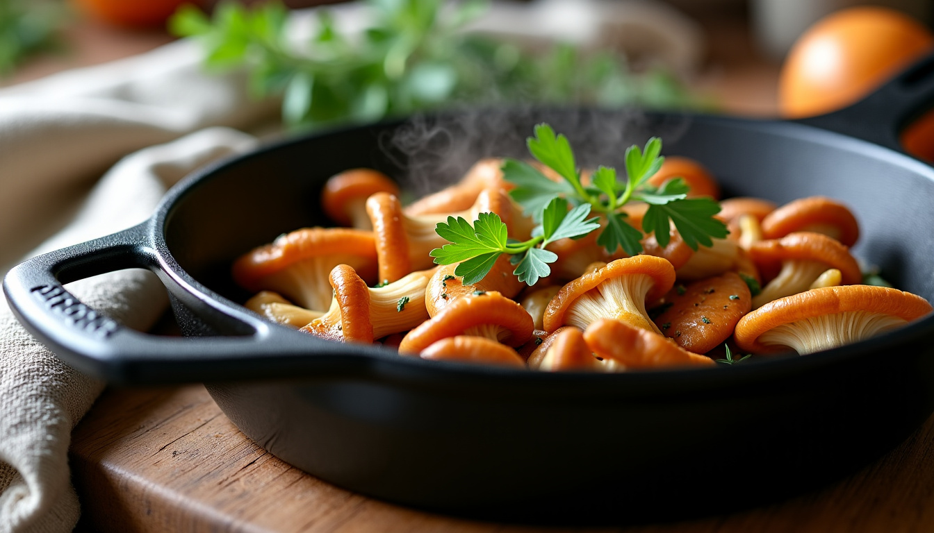 Préparation de la poêlée de trompettes de la mort avec échalotes et persil