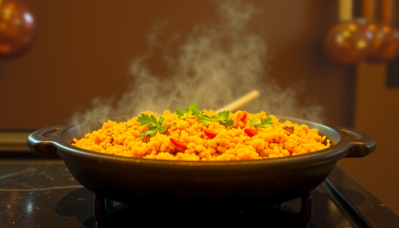 Préparation du dahl khi chadi avec lentilles, riz et épices dans une poêle