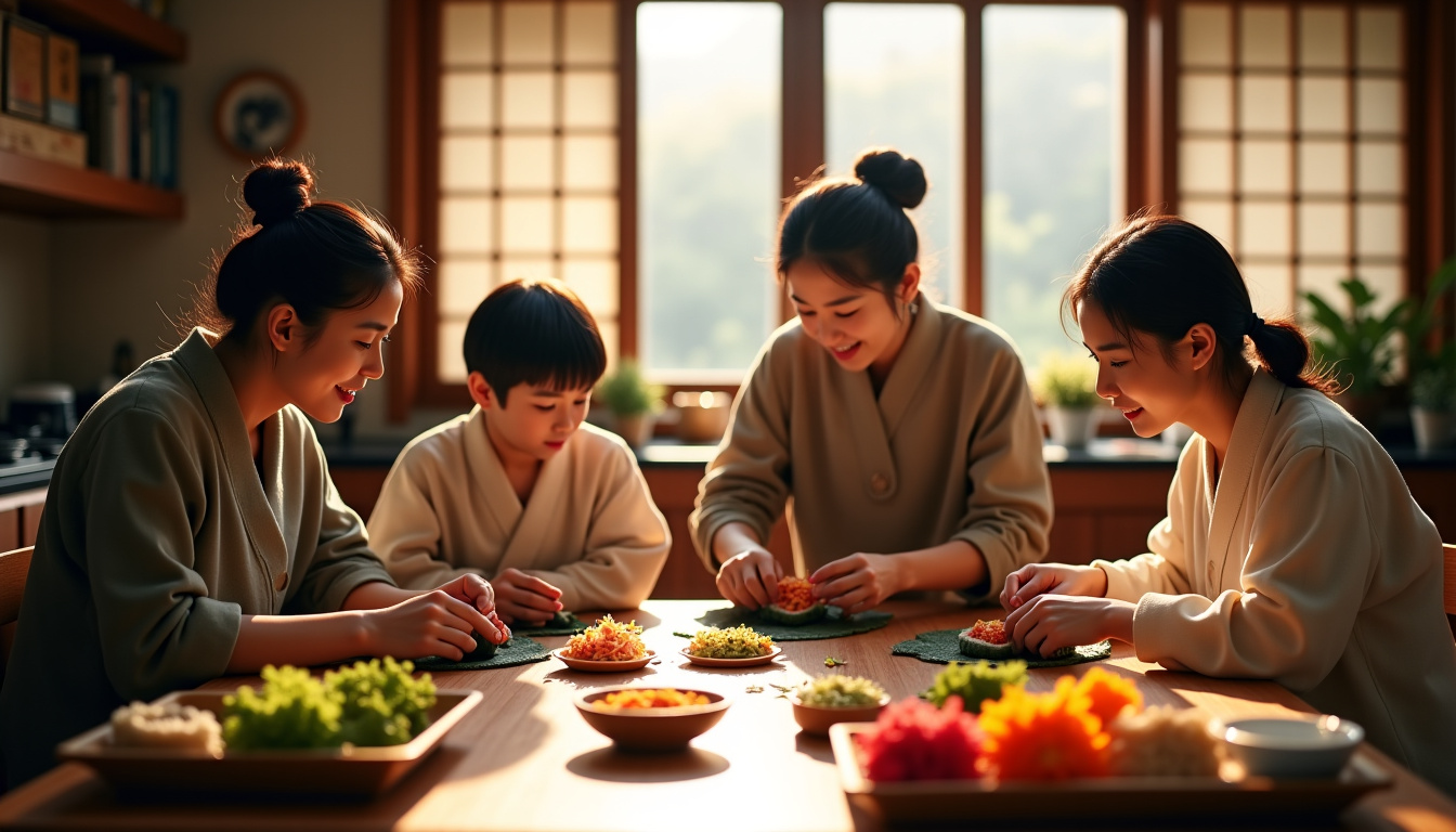 Préparation traditionnelle de kimbap en Corée, illustrant son importance culturelle et familiale