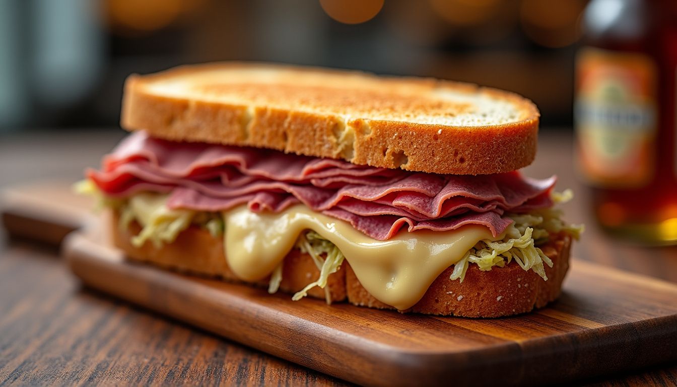 Présentation des ingrédients authentiques du Reuben sandwich: pain de seigle, corned-beef, choucroute, fromage suisse et sauce russe