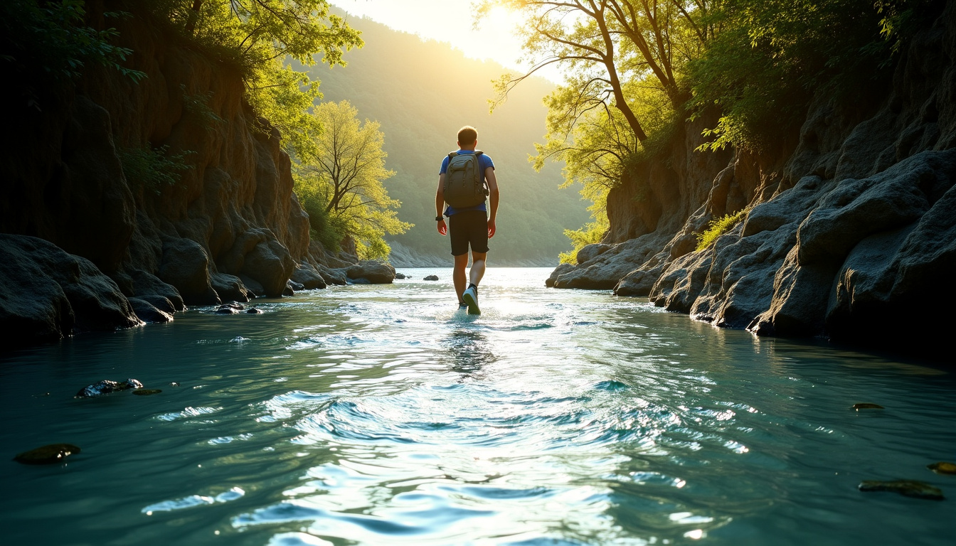Randonneur en train de traverser un ruisseau en Sierra de Guara