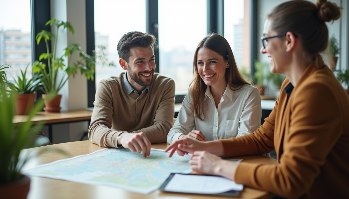 Rencontre entre un acheteur et un conseiller immobilier local dans une agence