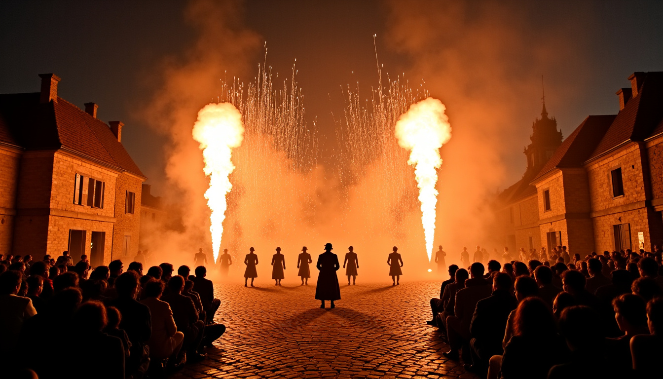 Scène du spectacle Le Dernier Panache au Puy du Fou avec effets pyrotechniques