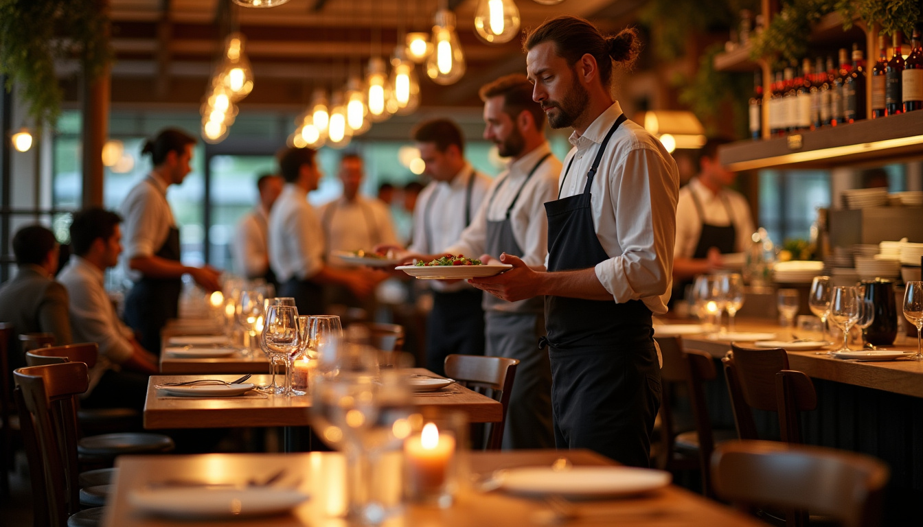 Service du soir dans un restaurant bien organisé avec personnel en tenue professionnelle