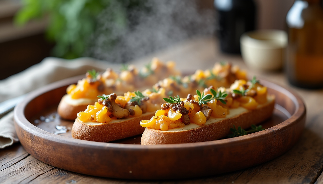 Tartines aux trompettes de la mort servies sur un plateau en bois