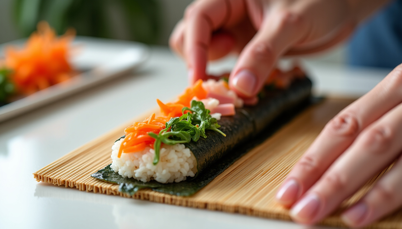Technique de roulage du kimbap avec une natte en bambou et film alimentaire