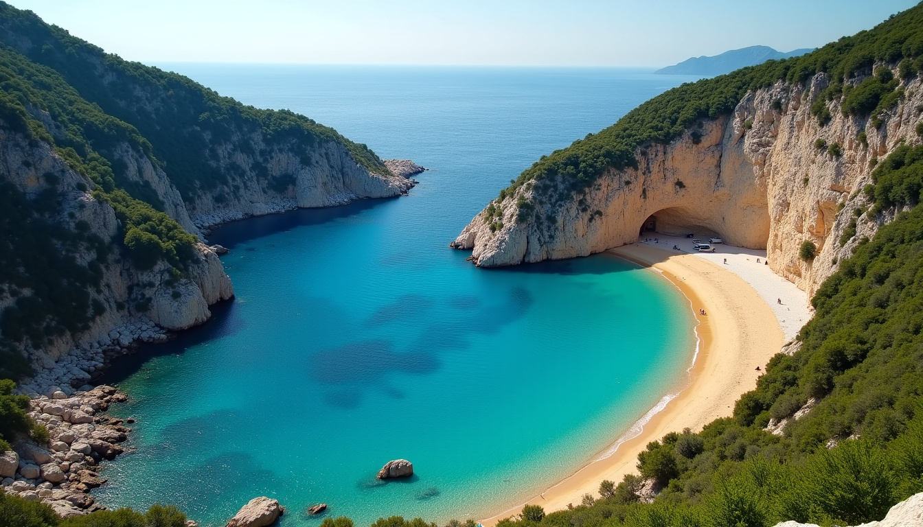 Vue aérienne de la plage de Gjipe, en Albanie, avec eaux turquoises et falaises rocheuses