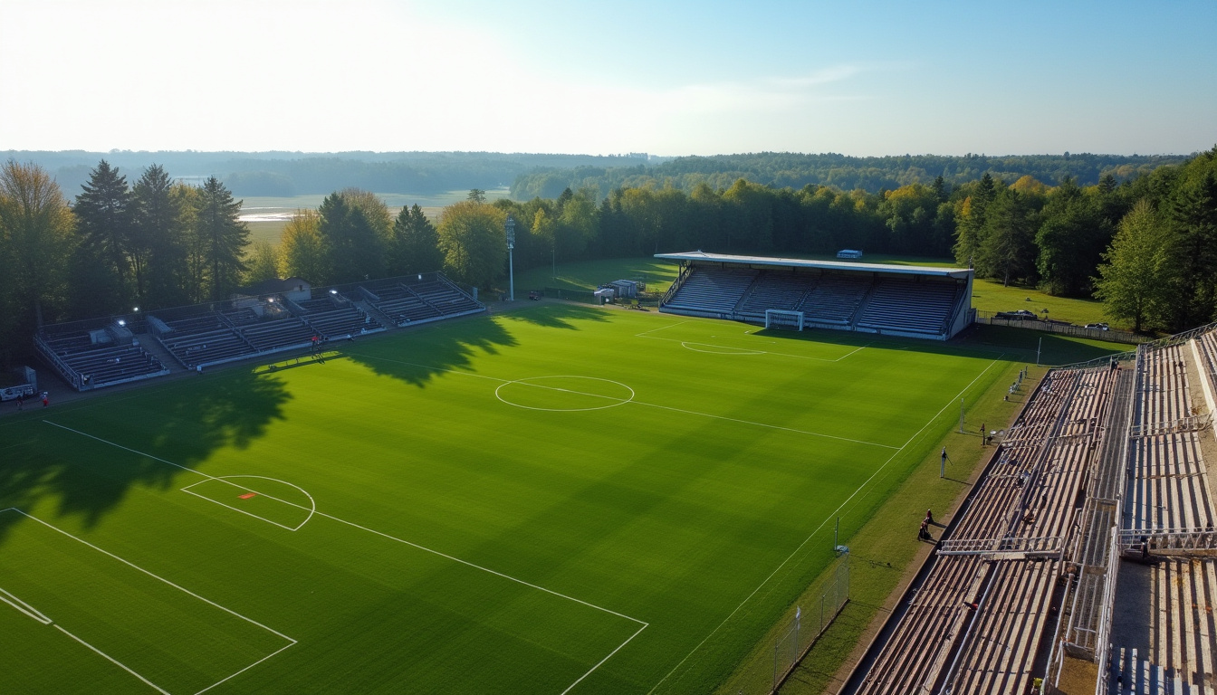 Vue aérienne du stade Maurice Rousson à Écotay-l’Olme avec terrain en herbe et tribunes en bois