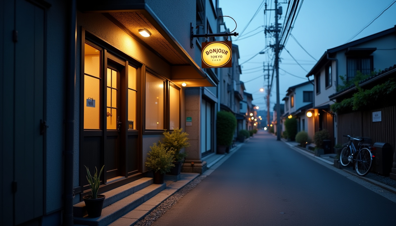 Vue extérieure du Bonjour Tokyo Bar à Komagome, Tokyo, quartier résidentiel calme avec enseigne discrète