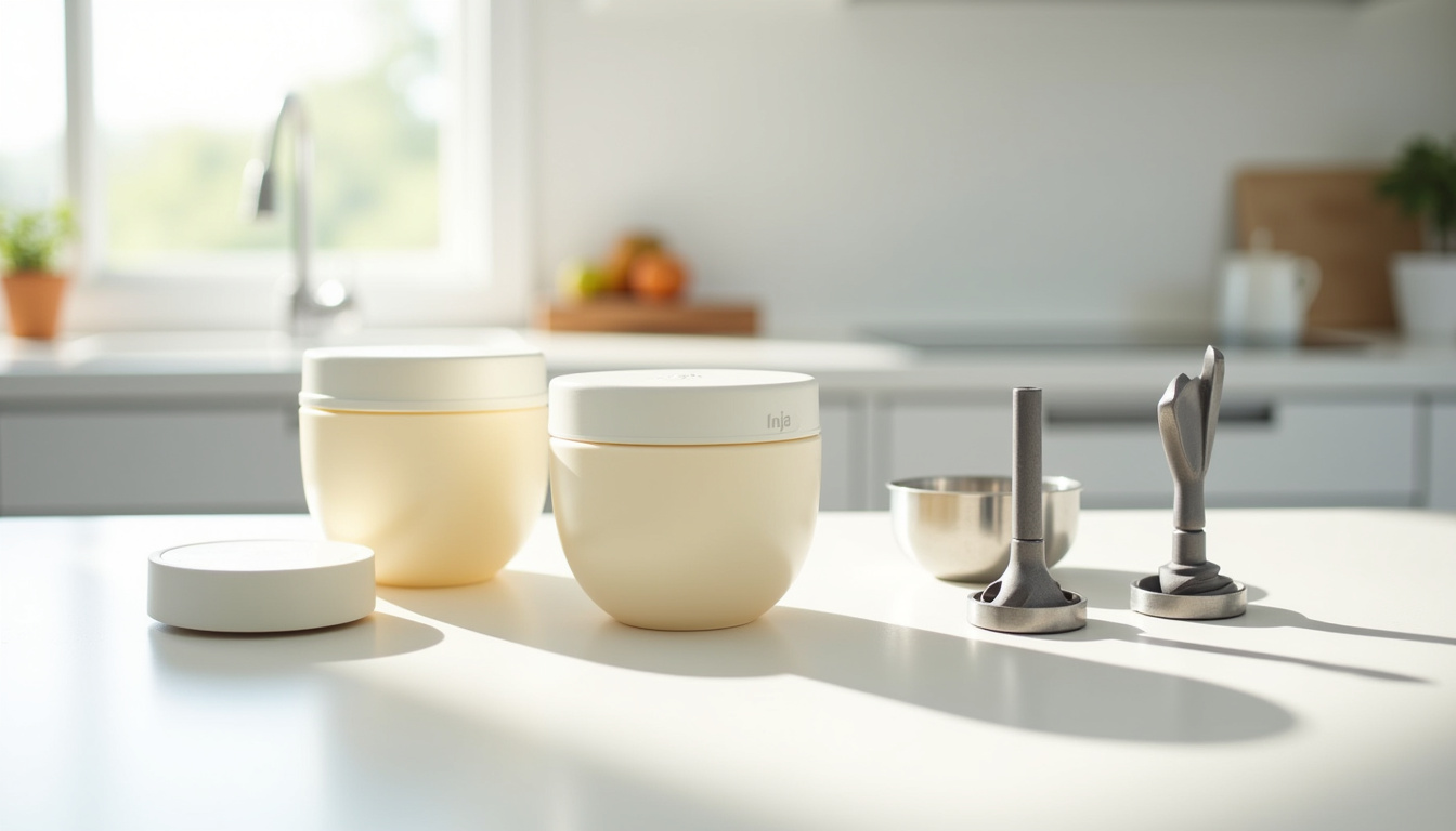 Accessoires de la Ninja Creami disposés sur une table: pots, couvercles, bol, lames