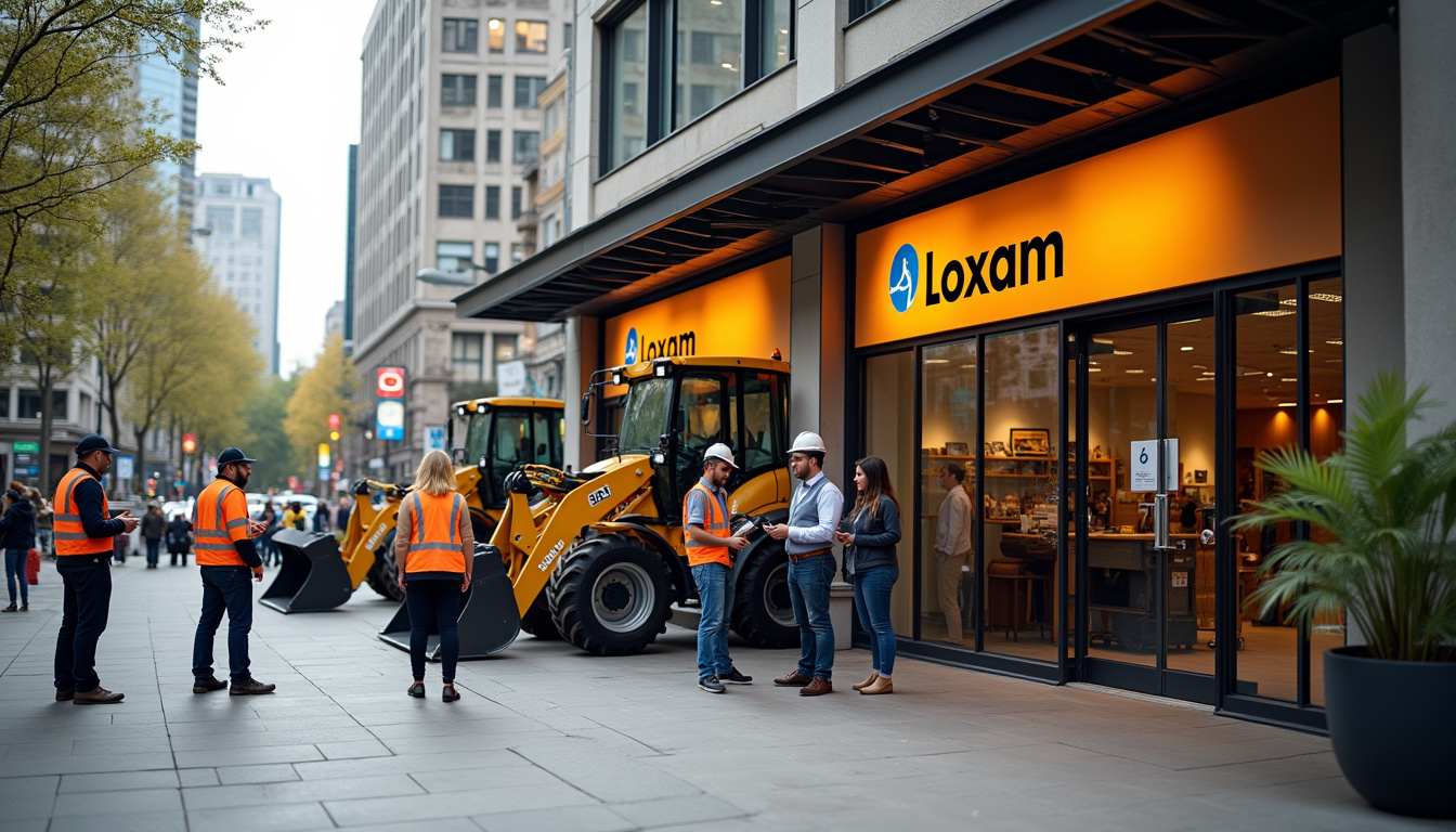 Agence Loxam située en centre-ville, avec matériel exposé et clients en discussion avec le personnel