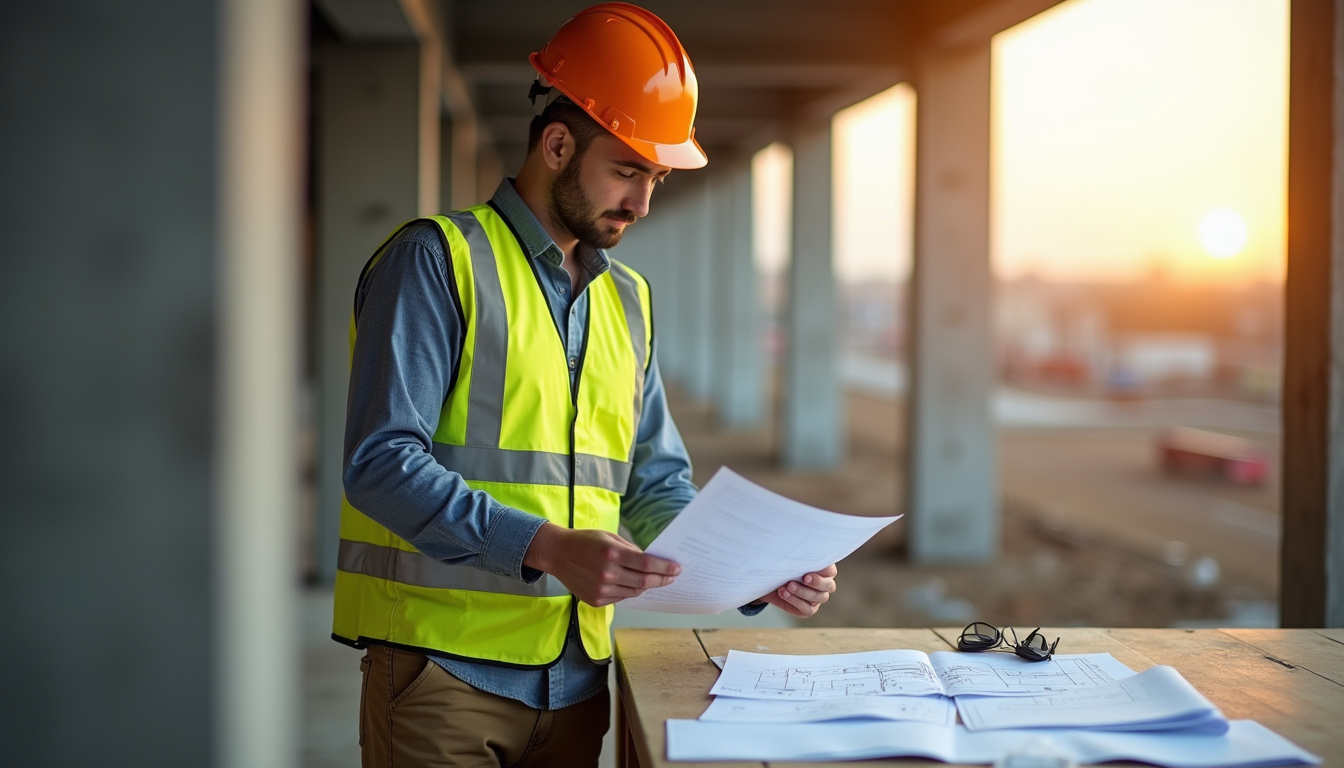 Artisan professionnel sur un chantier en train de vérifier une fiche technique, entouré de documents administratifs et de certifications