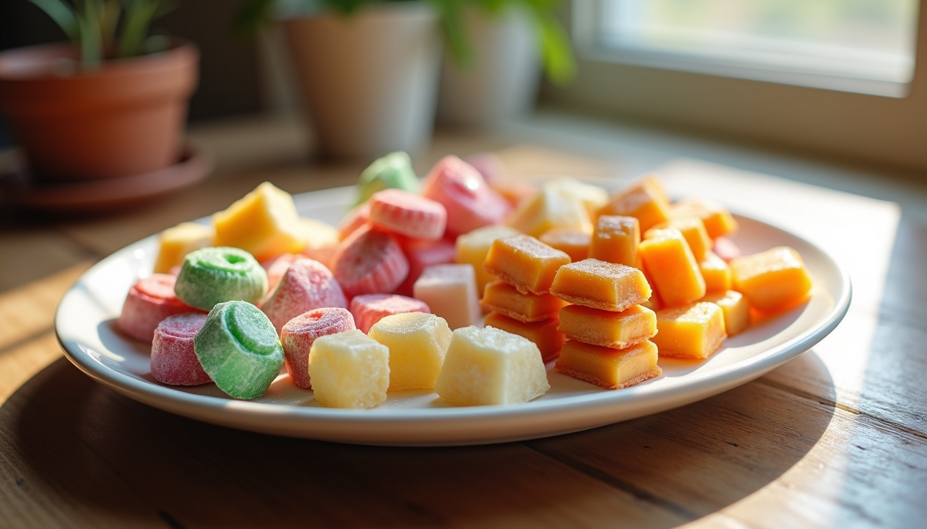 Assiette de gourmandises internationales: bonbons japonais, nougat turc, caramels bretons et chewing-gums hollandais