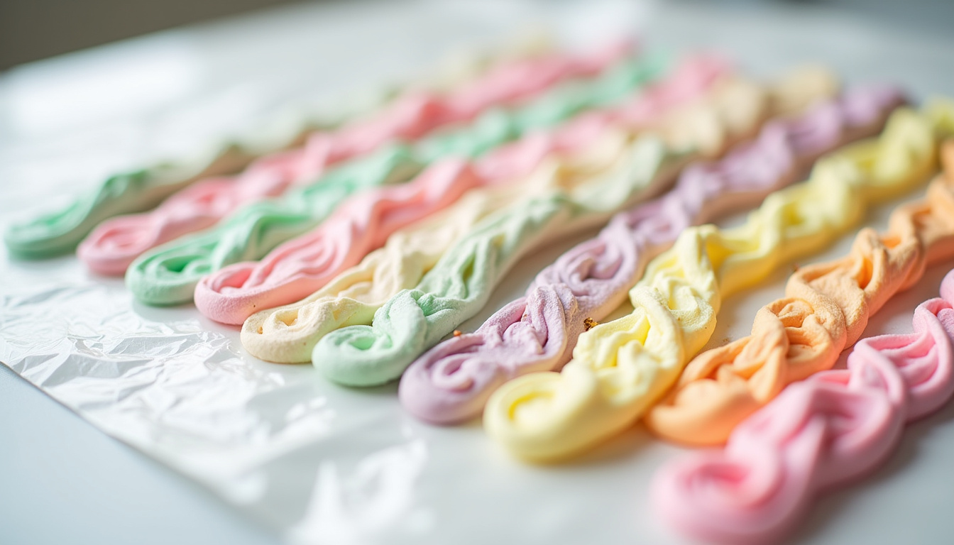Bandes de meringue colorée disposées sur une feuille de papier film avant d’être roulées