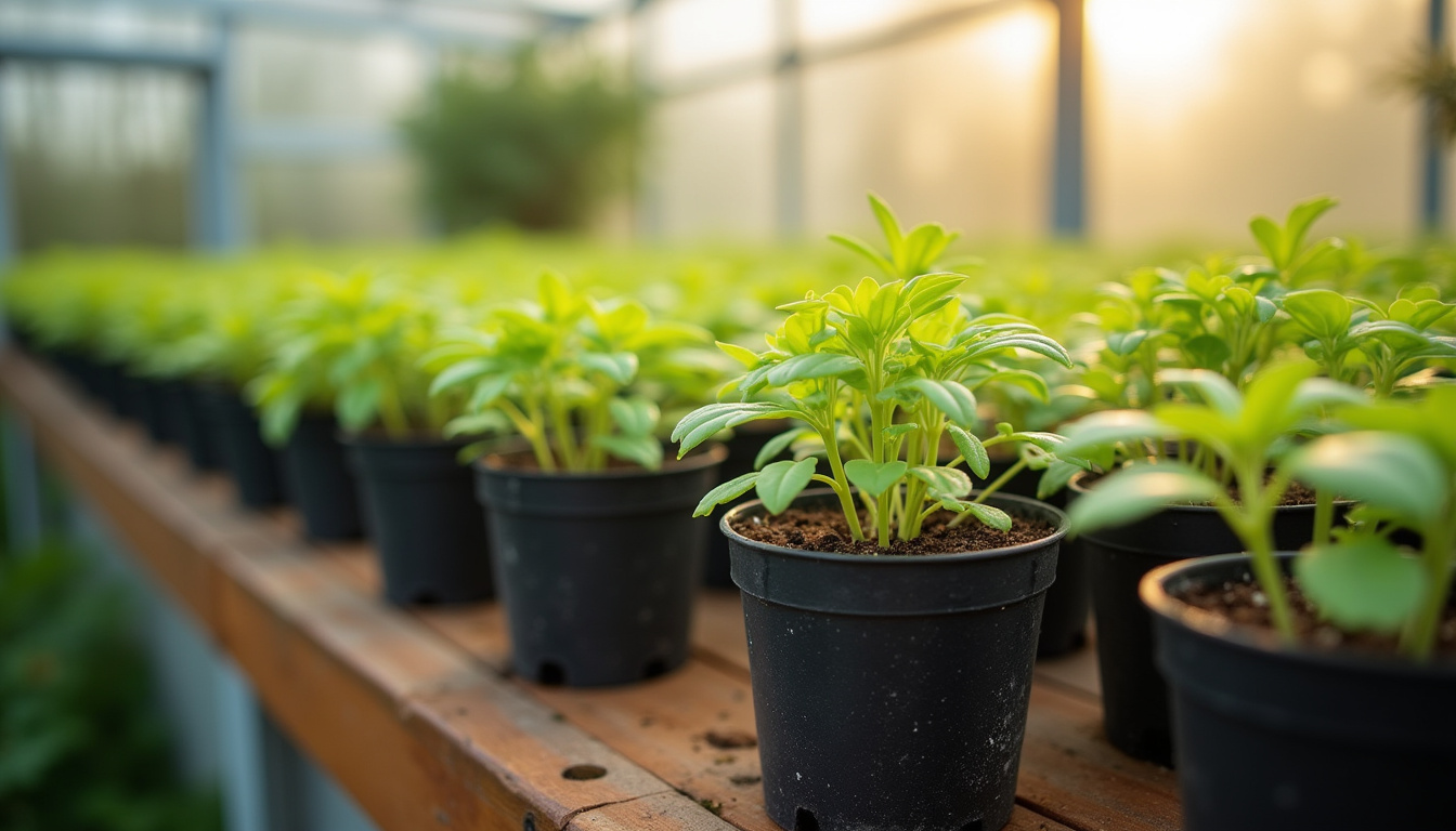Boutures de chrysanthèmes en godets, en cours de développement