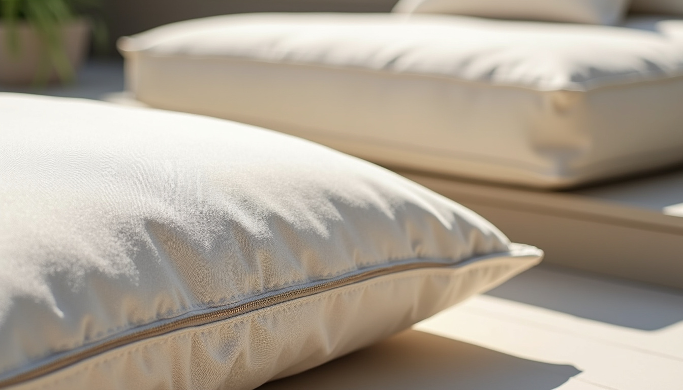 Détail des coussins d’un salon de jardin: épaisseur, texture et système de fermeture éclair pour la housse déhoussable