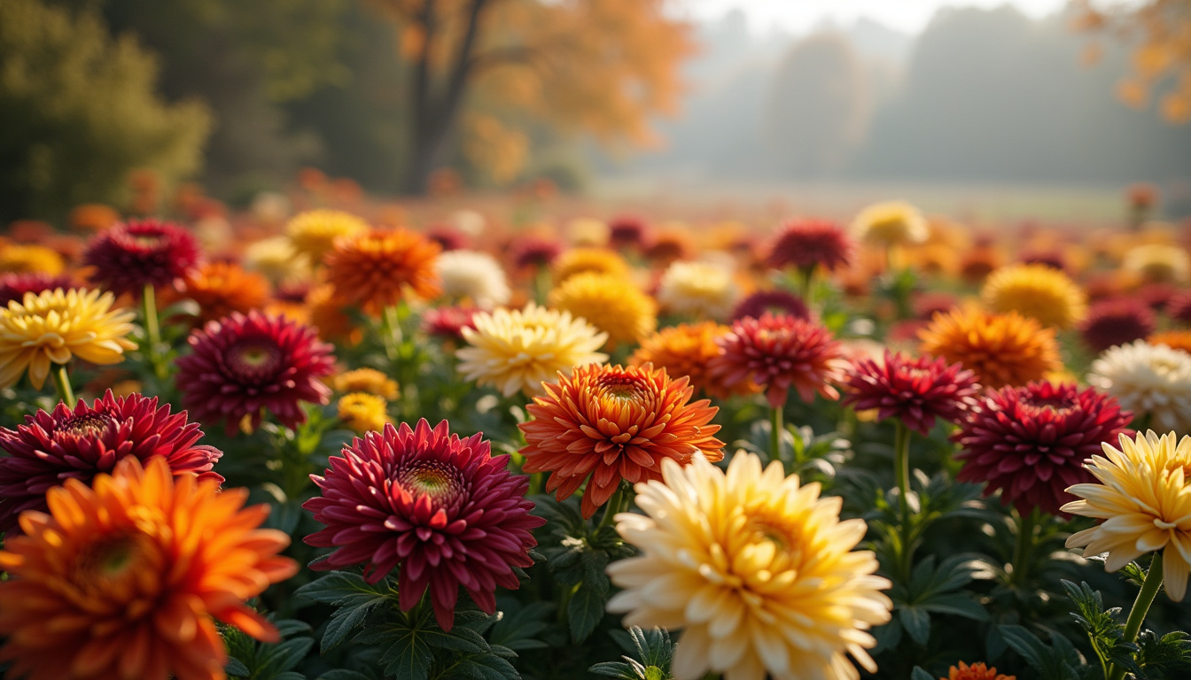 Différentes variétés de chrysanthèmes en pleine floraison dans un jardin