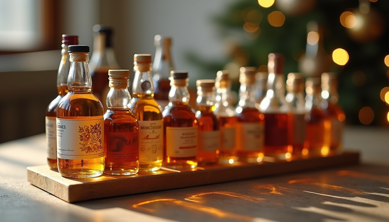 Disposition de miniatures de whisky de différents pays sur un plateau