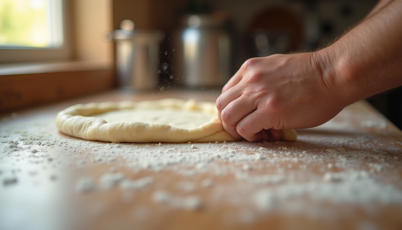 Étaler une pâte à pizza à la main sur un plan de travail