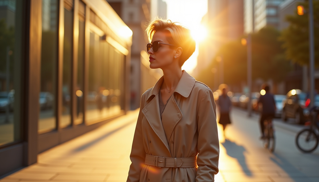 Femme portant une coupe courte moderne sur un fond urbain