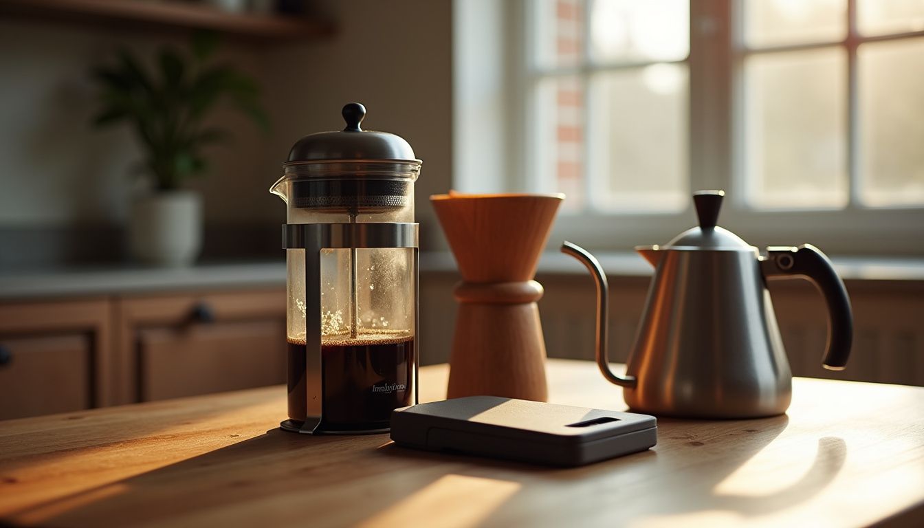 French press, moulin à meules, balance de précision et bouilloire verseuse disposés sur une table en bois