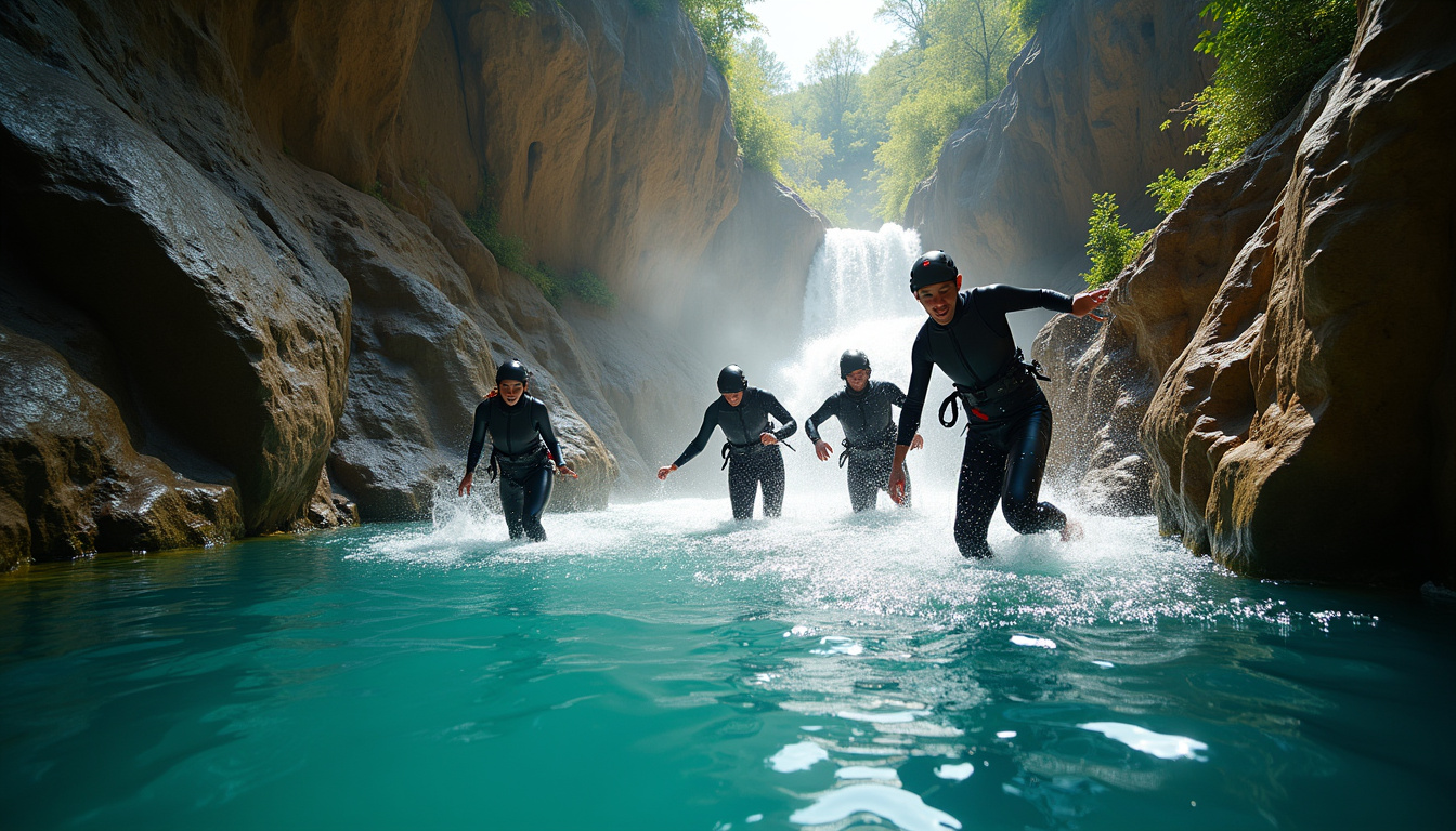 Groupe de canyonneurs en action dans un canyon de la Sierra de Guara, descendant une cascade naturelle équipés de combinaisons néoprène