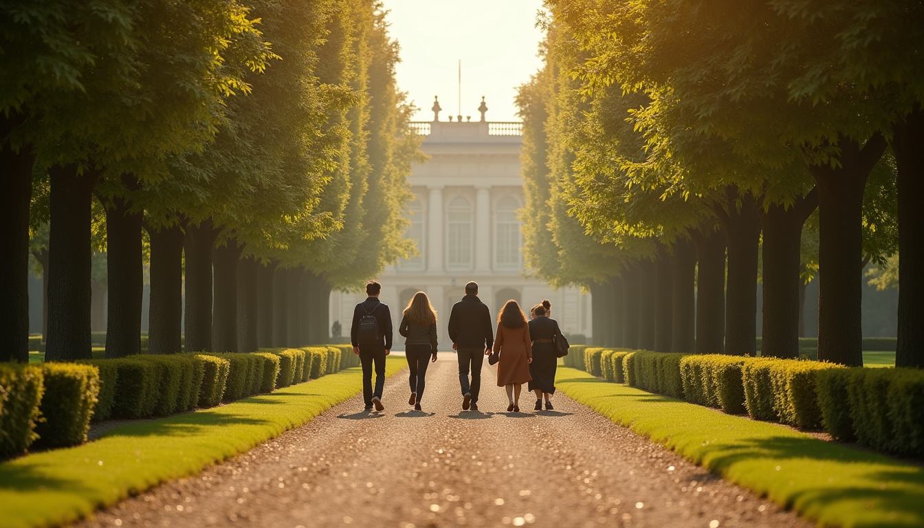 Groupe de visiteurs marchant dans les jardins du Palais de l