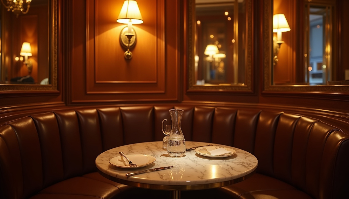 Intérieur de la brasserie Charly Saint-Honoré, ambiance chaleureuse avec bois, laiton et cuir