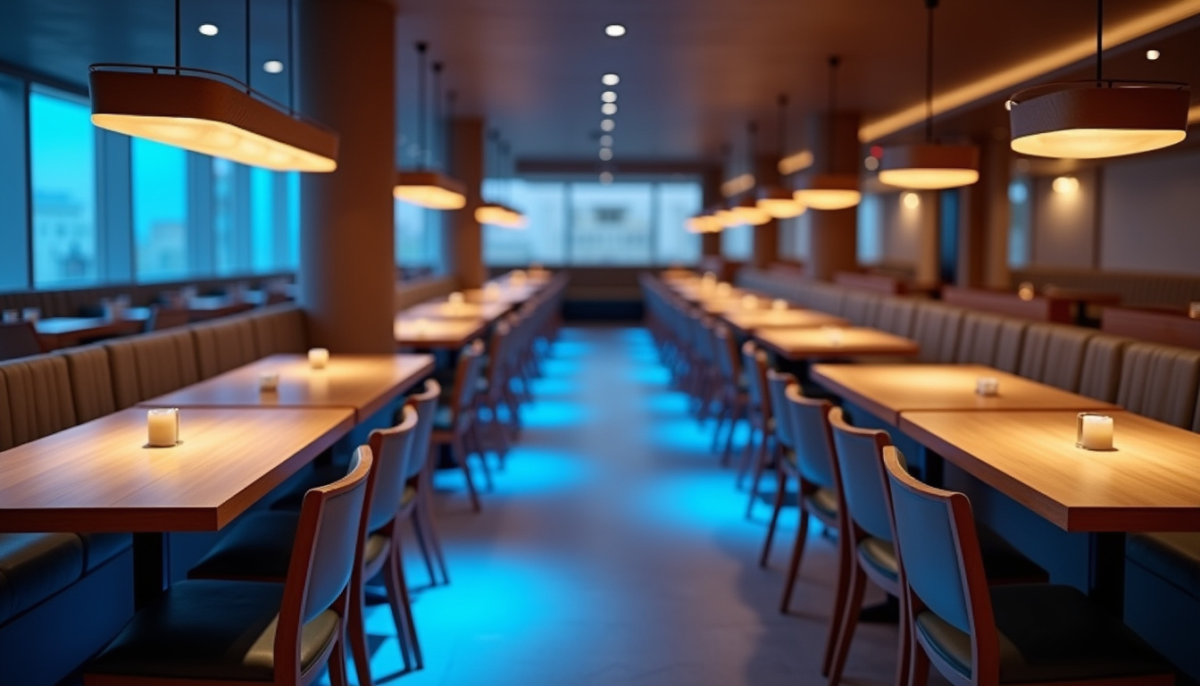 Intérieur du restaurant Best Buffet avec ambiance bleutée et tables bien espacées