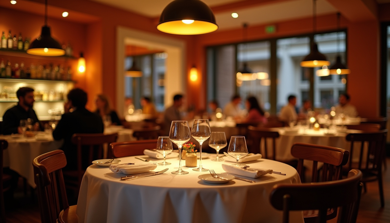 Intérieur du restaurant Gruppomimo montrant la salle principale avec tables en bois et éclairage tamisé