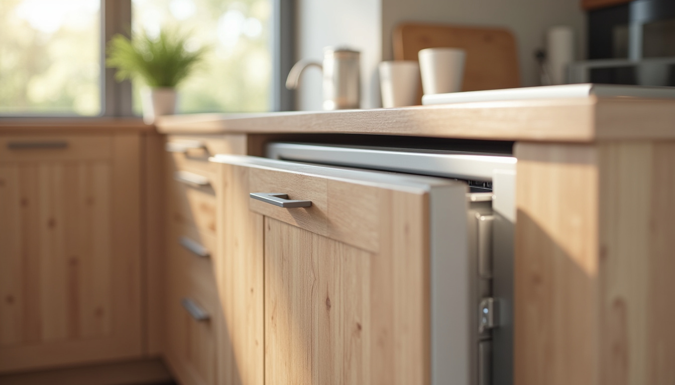 Lave-vaisselle encastrable intégré dans une cuisine moderne avec façade bois
