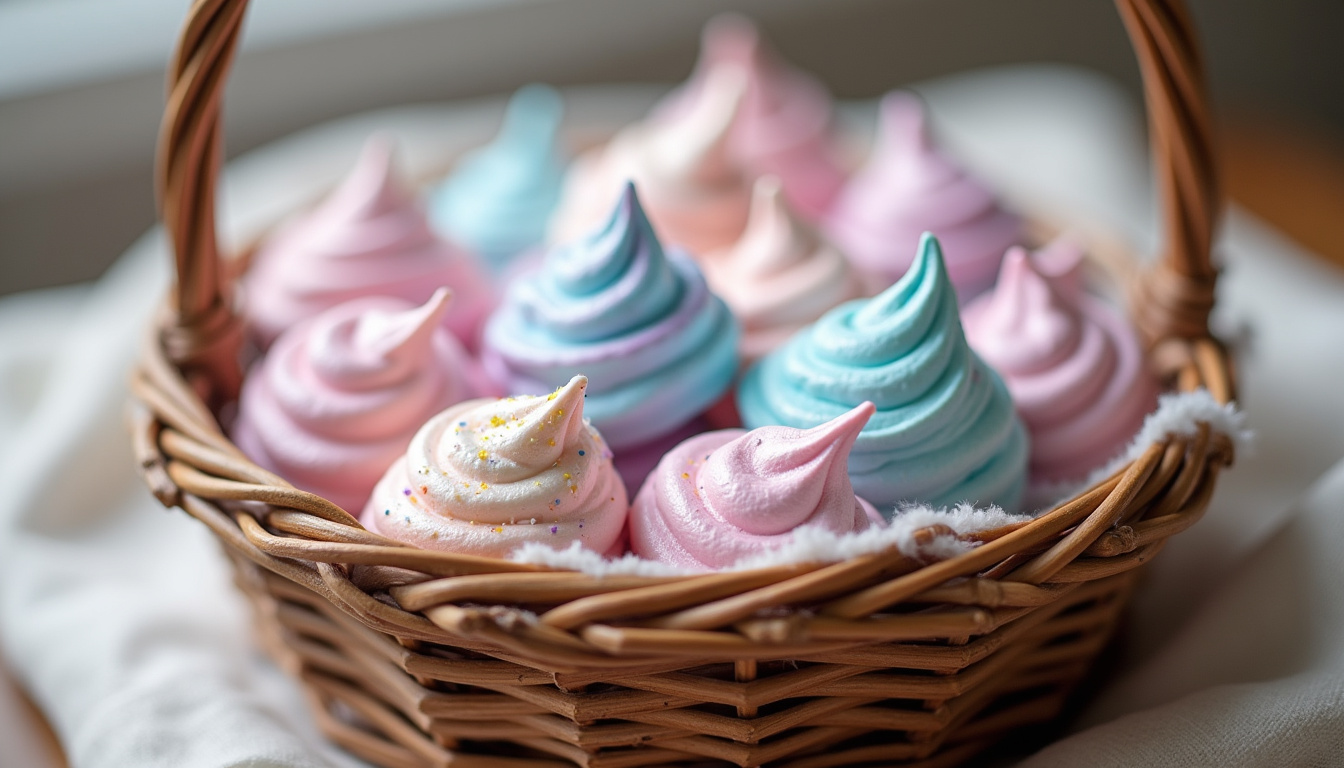 Meringues crottes de licorne servies dans un petit panier en osier avec paillettes alimentaires