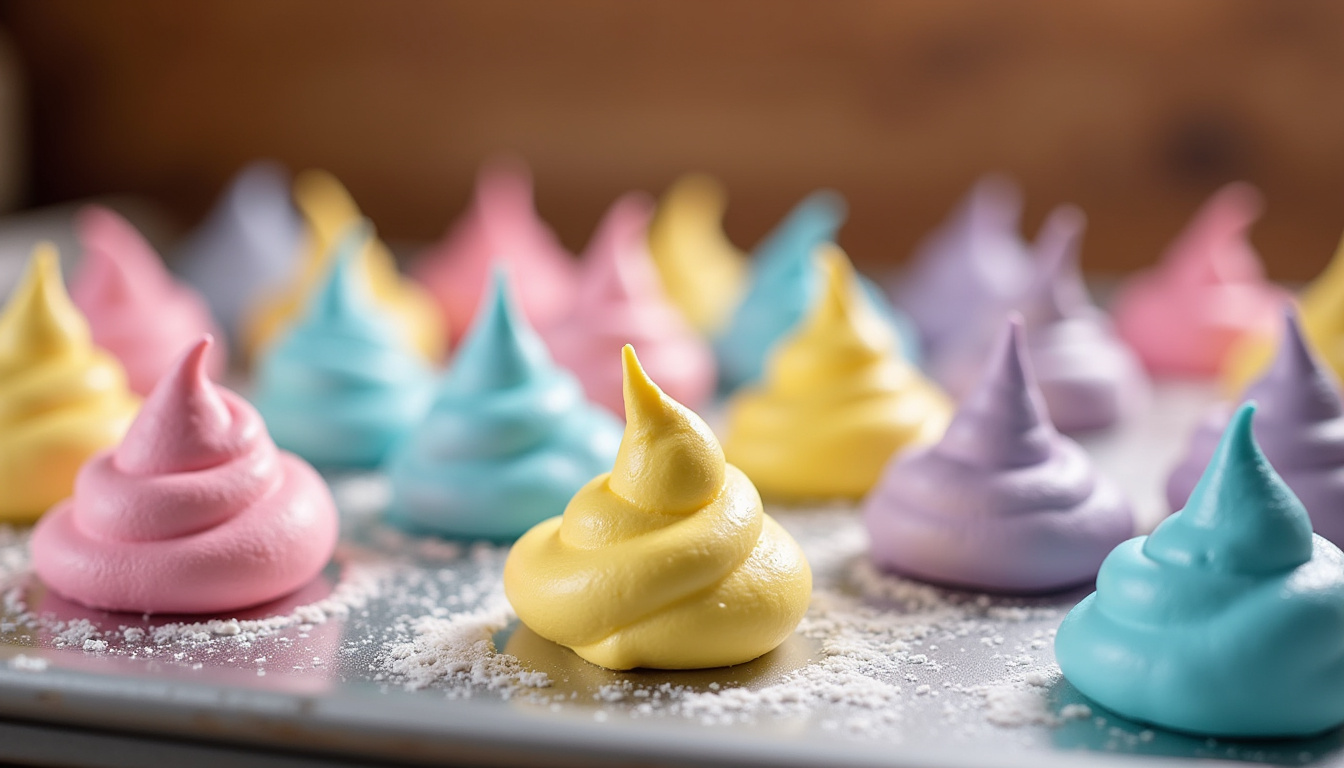 Meringues multicolores en forme de crottes de licorne disposées sur une plaque de cuisson