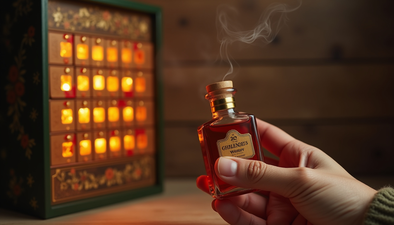 Ouverture d’un calendrier de l’avent whisky avec une miniature en main
