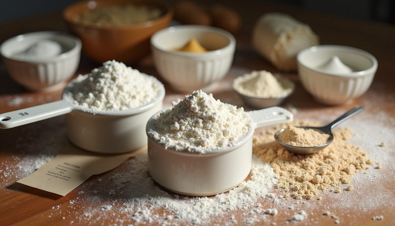 Photographie montrant des mesures incorrectes en cuisine: farine tassée, tasses non arasées, cuillères non doseuses