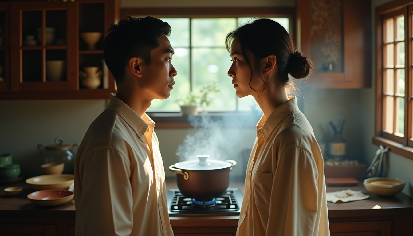 Plan serré sur les acteurs Chang Long et Chen Shu Jun dans une scène émotionnelle de la série, dans un décor de cuisine traditionnelle