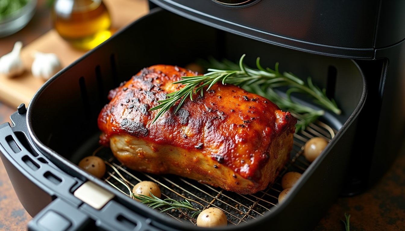 Préparation d’un rôti de porc dans une friteuse sans huile