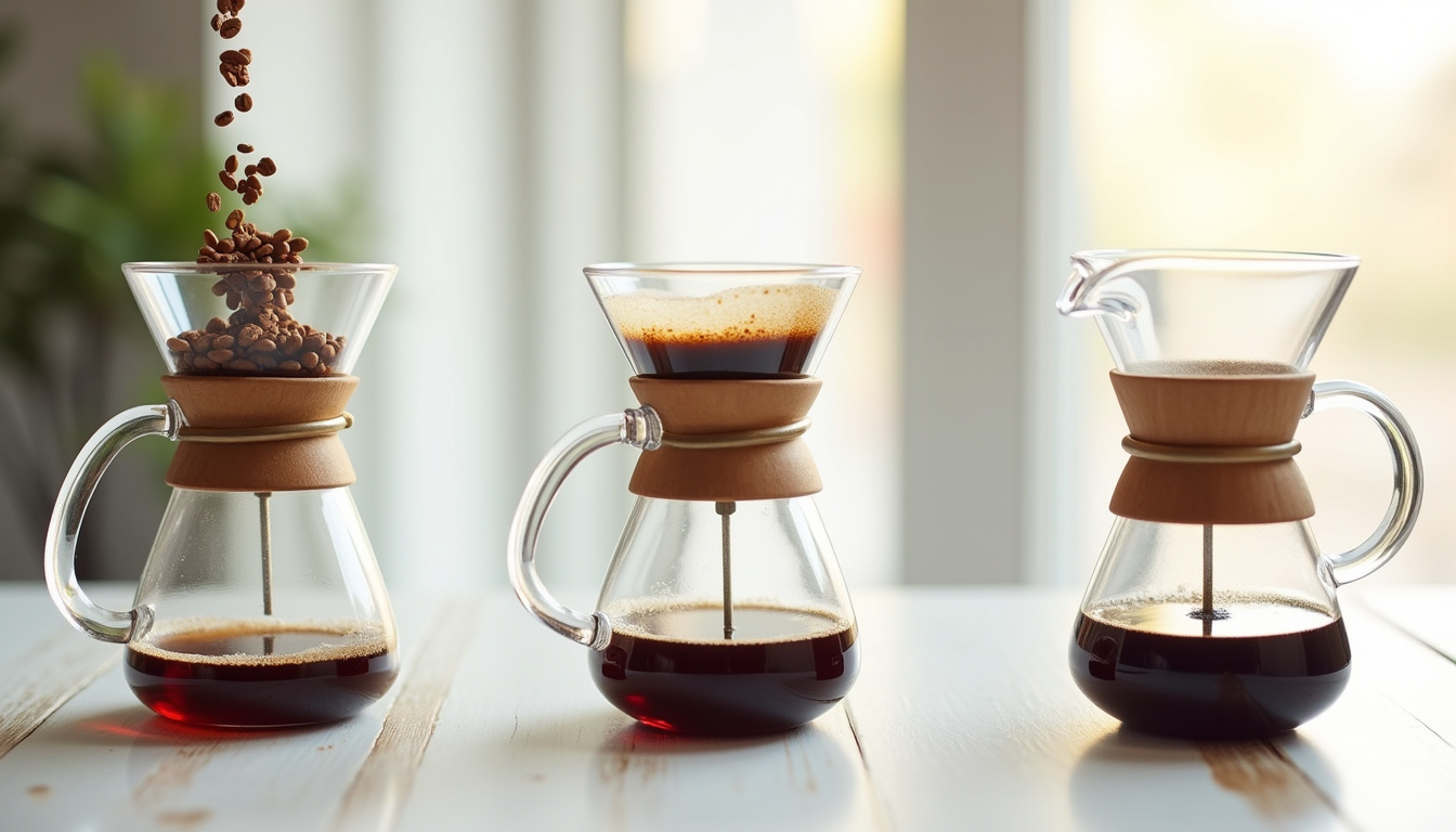 Séquence temporelle montrant l'infusion du café dans un French Press à différents stades