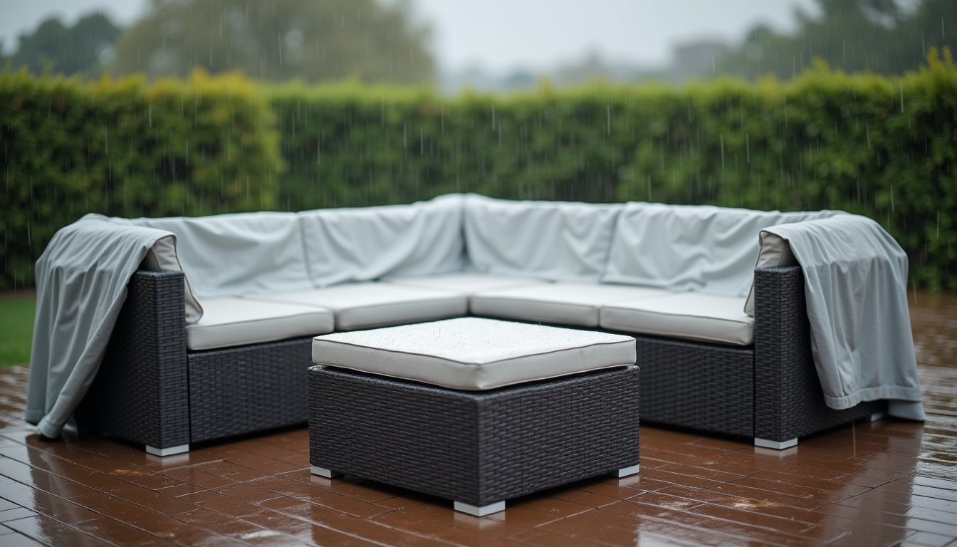 Utilisation d’une housse de protection imperméable sur un salon de jardin en résine tressée par temps de pluie