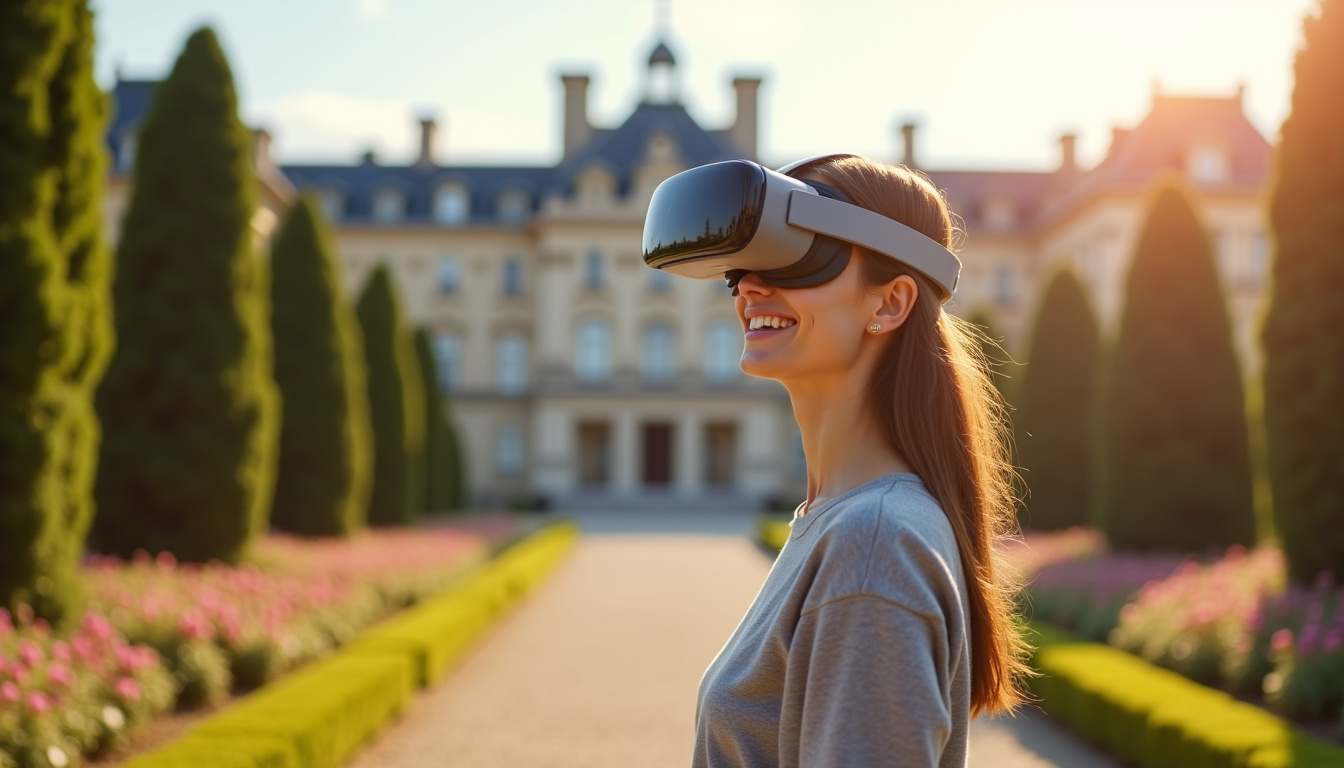 Visiteuse portant un casque de réalité virtuelle dans les jardins du Palais de l