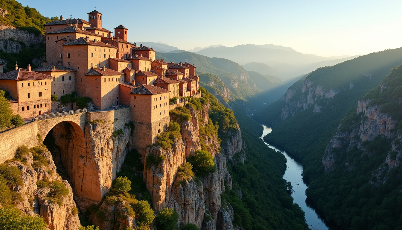 Vue panoramique sur le village médiéval d’Alquézar, perché sur une falaise dominant les gorges de la Sierra de Guara