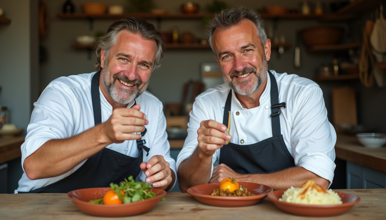Yoann Conte et Norbert Tarayre en pleine dégustation lors du tournage de l