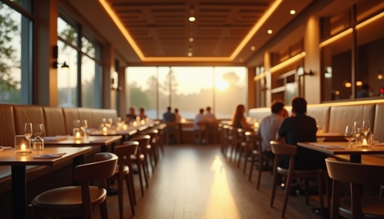 Intérieur moderne du restaurant The Oven and Grill à Baia Mare avec tables en bois et éclairage ambiance