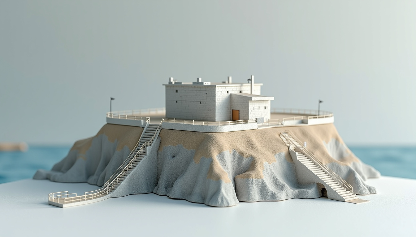 Maquette 3D du projet de restauration du Fort Gustave avec cheminement sécurisé et panneaux d'information