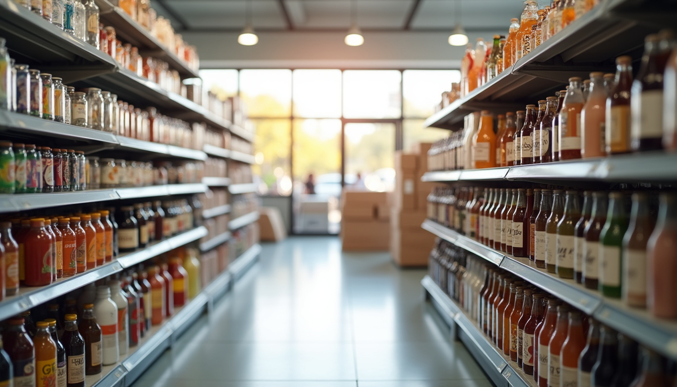 Rayon de supermarché avec des boissons sans marque visibles sur les étagères