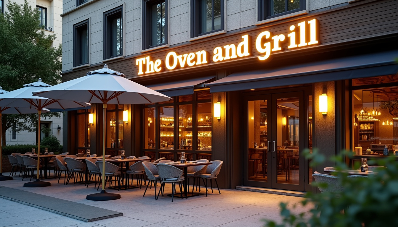 Vue extérieure du restaurant The Oven and Grill à Baia Mare avec terrasse et enseigne lumineuse