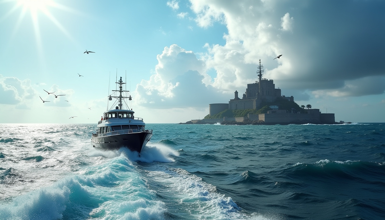 Croisière en bateau s'approchant de Fort Boyard sur fond de ciel bleu et mer agitée