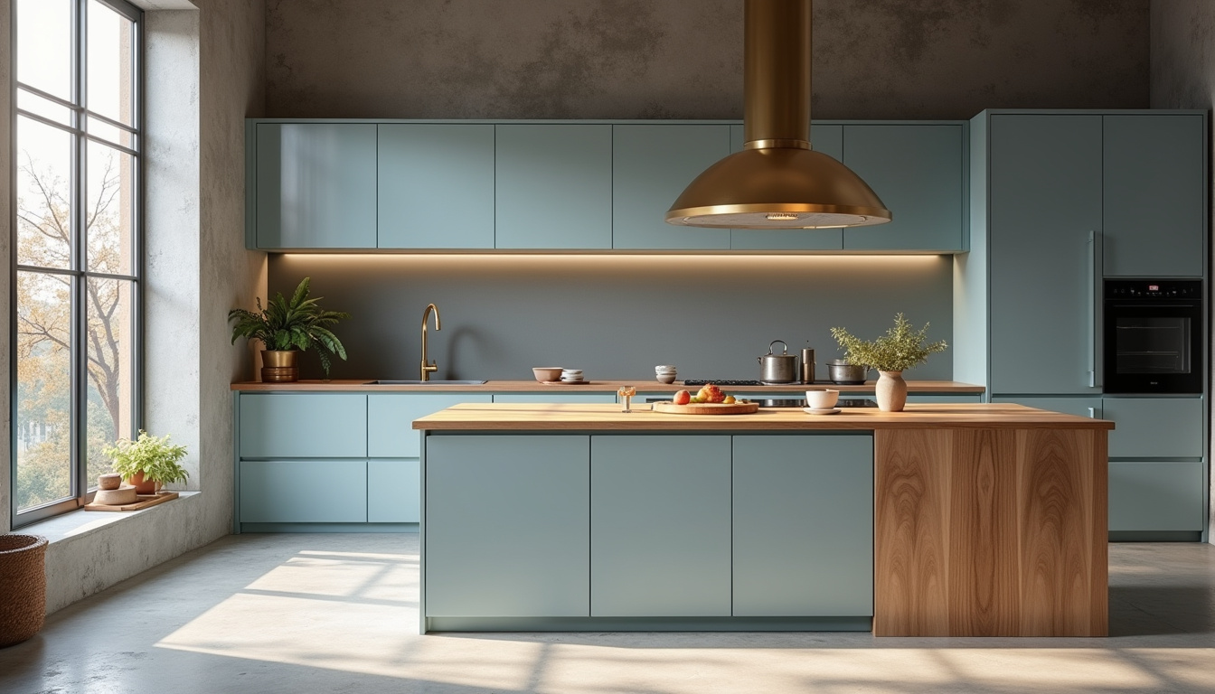 Cuisine en bleu-gris Future Dusk avec touches de bois et laiton